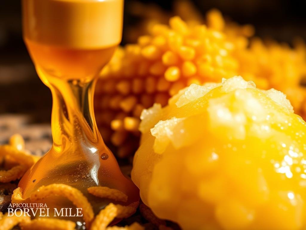 A lush, vibrant scene showcasing the treasures of the beehive. In the foreground, a delicate comb of golden honey dripping with the sweet nectar of the hive. Beside it, a mound of pale, fluffy royal jelly, the nourishing elixir that sustains the queen. In the middle ground, clusters of pollen grains in a spectrum of warm hues, the life-giving power of the bees' harvest. Bathed in soft, natural lighting, the scene evokes the harmony and bounty of the apiary. The branding "APICOLTURA BORVEI MIELE" discreetly displayed, a testament to the quality and care of the Italian producers.