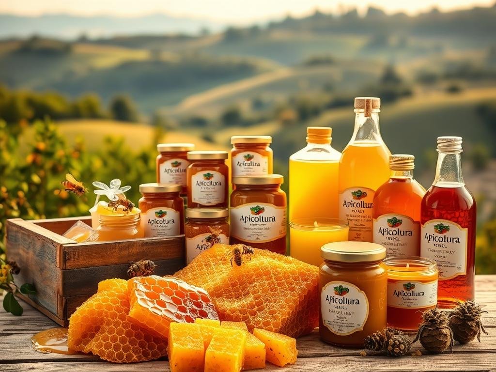 A lush, vibrant still life scene showcasing the bountiful treasures of an Italian beehive. In the foreground, a rustic wooden crate overflows with golden honeycomb, dripping with rich, amber nectar. Surrounding it, a medley of other "prodotti dell'alveare" - royal jelly, propolis, and fragrant beeswax candles. The middle ground features a variety of traditional Apicoltura brand jars and bottles, their labels highlighting the purity and quality of these natural bee-derived elixirs. In the background, a softly-lit, pastoral landscape with rolling hills and verdant foliage creates a serene, earthy ambiance. Warm, golden lighting illuminates the scene, casting a gentle glow and emphasizing the wholesome, artisanal nature of these precious bee-made wonders.