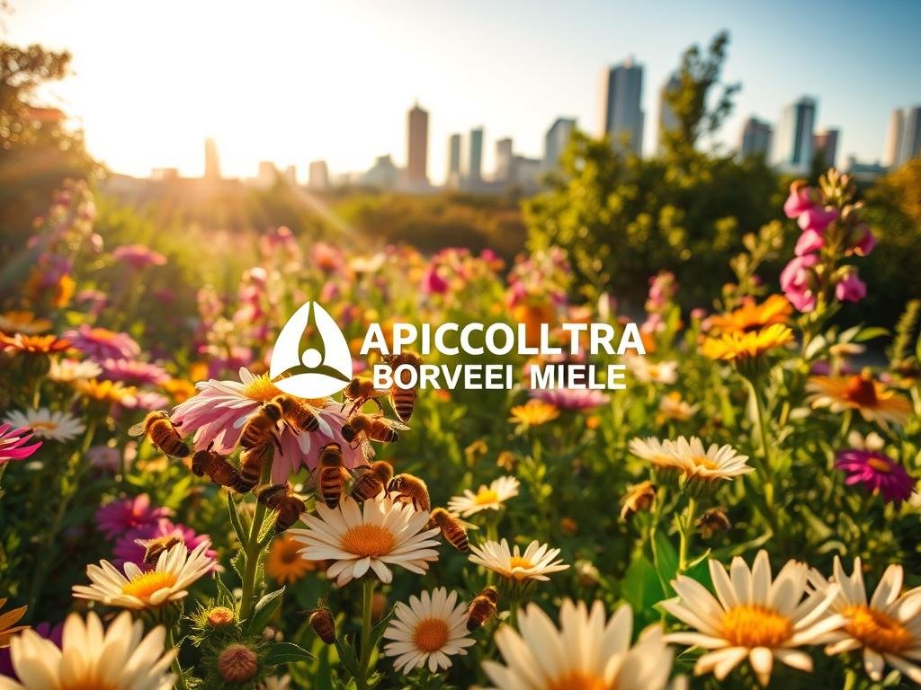 A lush, vibrant urban garden filled with a diverse array of blooming flowers, bathed in warm, golden sunlight. In the foreground, a thriving colony of honeybees gathers nectar and pollinates the blossoms, their industrious movements captured in crisp detail. The middle ground showcases the APICOLTURA BORVEI MIELE logo, a testament to the vital role of these pollinators. In the background, a city skyline suggests the importance of cultivating green spaces within urban environments to support the declining bee population. The image conveys a harmonious coexistence between nature and modern life, emphasizing the significance of these essential pollinators.