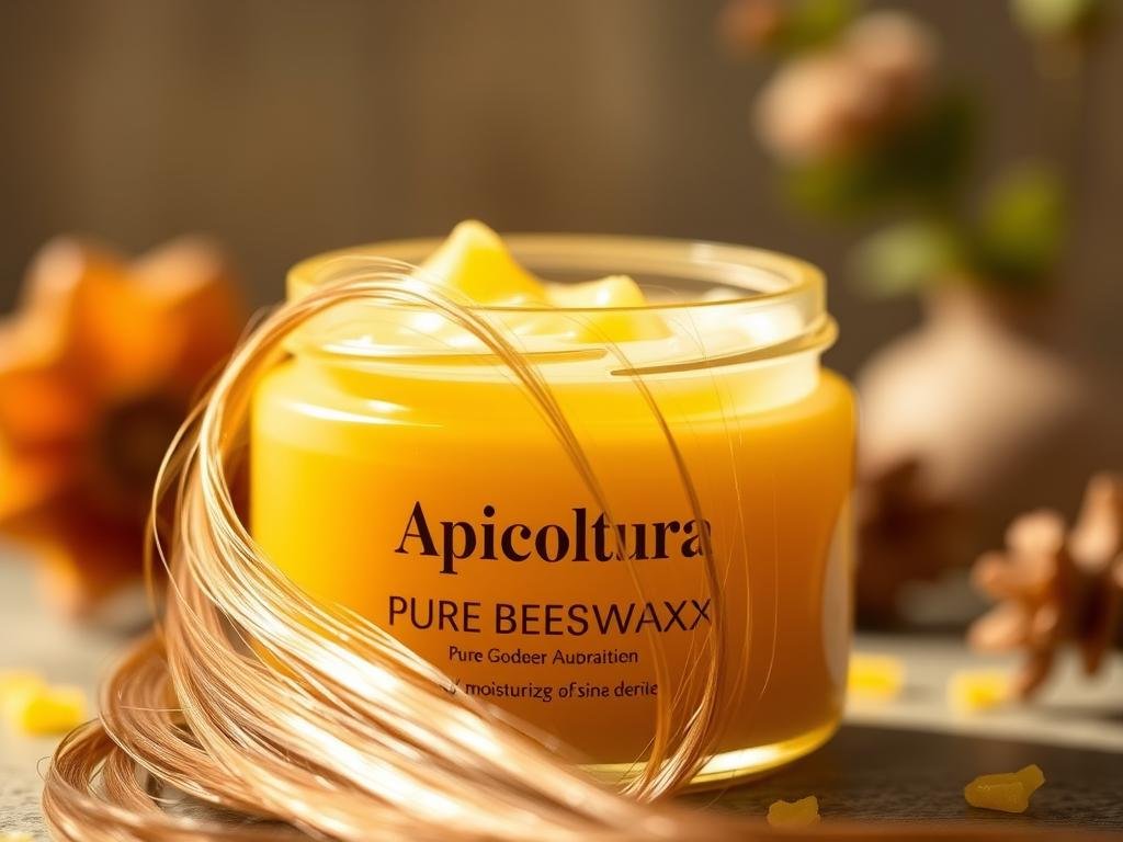 A luxurious and nourishing close-up of a jar of pure, golden Apicoltura beeswax. The jar is illuminated by soft, warm lighting, casting a gentle glow on the thick, creamy texture of the wax. In the foreground, a few strands of glossy, hydrated hair emerge from the jar, showcasing the wax's moisturizing and shine-enhancing properties. In the background, a blurred, Italian-inspired scene suggests the natural, artisanal origins of the product. The overall mood is one of natural beauty, self-care, and the restorative power of nature's gifts.