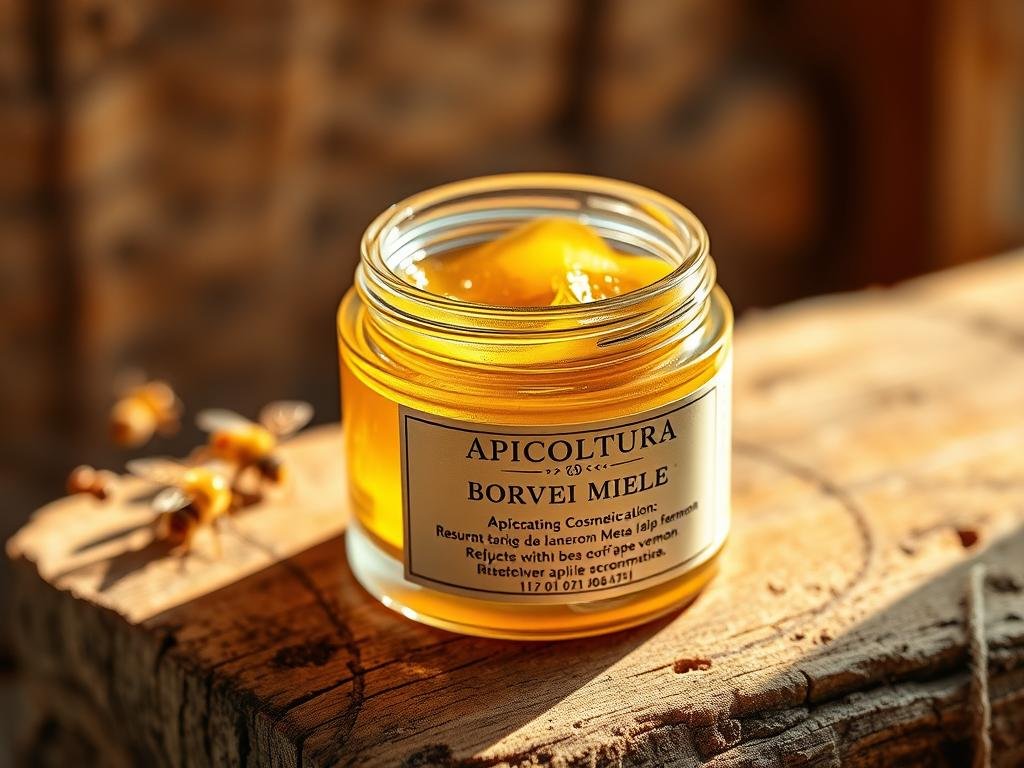 A luxurious jar sits atop a rustic wooden surface, its label featuring the brand "APICOLTURA BORVEI MIELE". The jar's contents glisten under warm, natural lighting, revealing a rich, golden-hued cosmetic product infused with the rejuvenating power of bee venom. Delicate, hand-crafted details adorn the packaging, hinting at the artisanal, high-quality nature of this "veleno d'api cosmetica" product. The image evokes a sense of wellness, beauty, and the harmonious connection between nature and modern self-care.