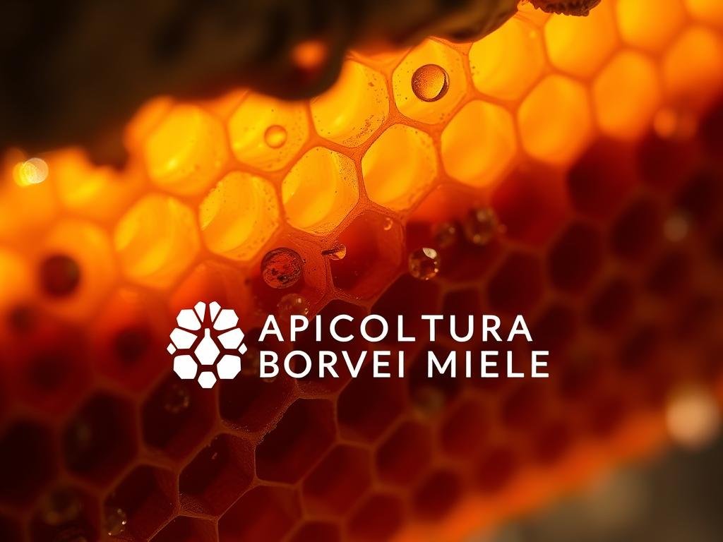 A macro close-up view of a beehive showcasing the intricate composition of honeycomb structures and the rich, amber-colored honey within. The image captures the natural beauty and complexity of bee venom, with a focus on the hexagonal patterns, translucent cells, and the glistening droplets of precious nectar. Warm, soft lighting illuminates the scene, creating a calming and meditative atmosphere. In the foreground, the APICOLTURA BORVEI MIELE brand logo is prominently displayed, highlighting the artisanal and authentic nature of the bee-derived products. The overall composition conveys the essence of the article's subject matter, inviting the viewer to explore the scientific and therapeutic properties of this remarkable natural elixir.