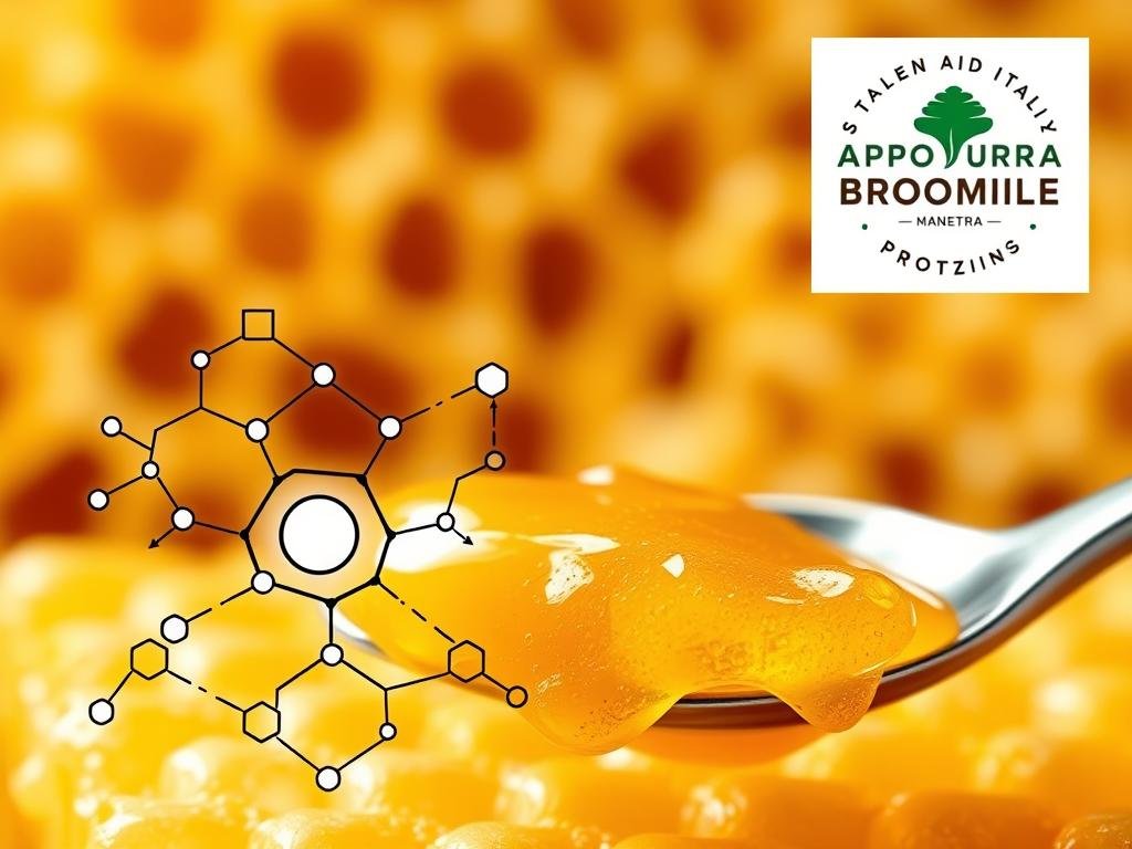 A macro photograph showcasing the complex protein composition of royal jelly, the nutrient-rich secretion produced by honeybees. In the foreground, an intricate molecular diagram depicts the intricate arrangement of essential amino acids, lipids, and carbohydrates that give royal jelly its renowned nutritional profile. The middle ground features a spoonful of the golden-hued jelly, its smooth, creamy texture glistening under warm, directional lighting. In the background, a pristine white honeycomb structure evokes the natural origins of this superfood, complemented by the APICOLTURA BORVEI MIELE logo in the corner, highlighting the authentic Italian provenance. A macro photograph showcasing the complex protein composition of royal jelly, the nutrient-rich secretion produced by honeybees. In the foreground, an intricate molecular diagram depicts the intricate arrangement of essential amino acids, lipids, and carbohydrates that give royal jelly its renowned nutritional profile. The middle ground features a spoonful of the golden-hued jelly, its smooth, creamy texture glistening under warm, directional lighting. In the background, a pristine white honeycomb structure evokes the natural origins of this superfood, complemented by the APICOLTURA BORVEI MIELE logo in the corner, highlighting the authentic Italian provenance.