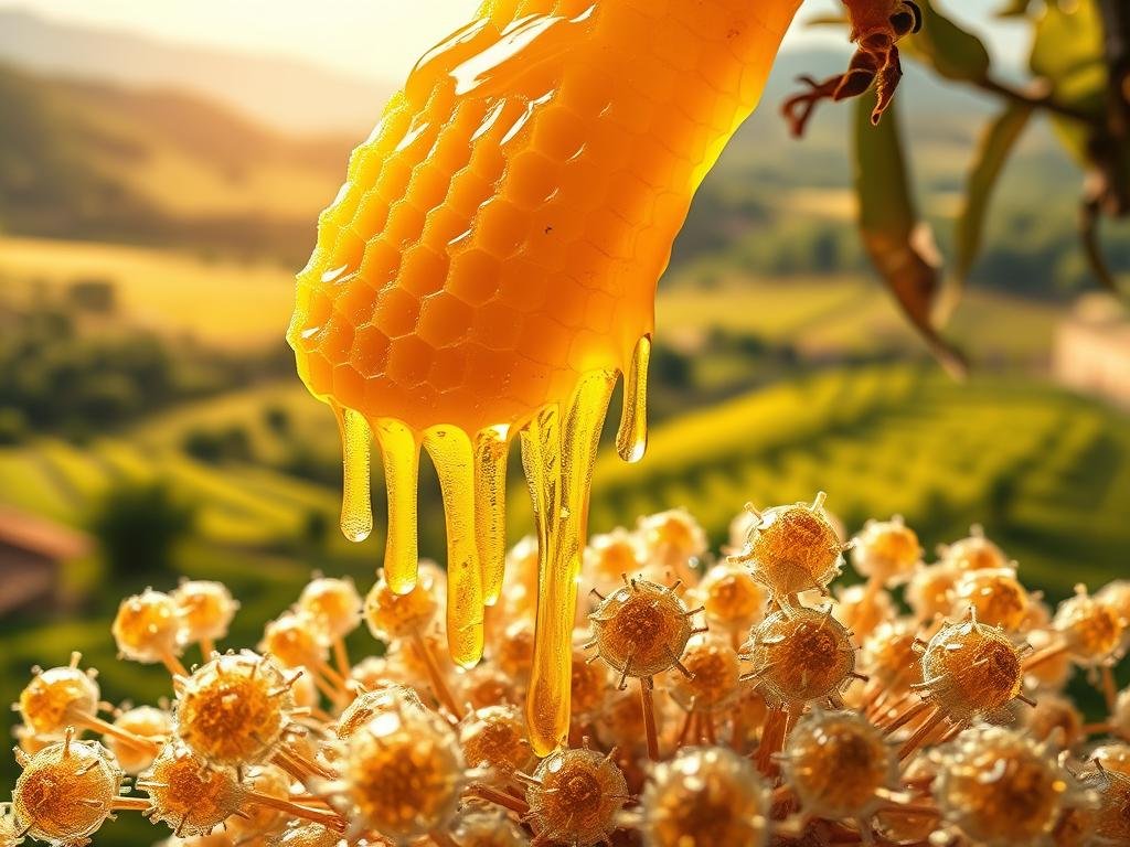 A majestic honeycomb, dripping with golden pappa reale, forming the centerpiece of a vibrant, nature-inspired scene. In the foreground, an intricate network of translucent, pulsing cells symbolize the immune system, responding to the nourishing properties of the royal jelly. The background features a serene Italian countryside, with rolling hills, lush greenery, and the APICOLTURA BORVEI MIELE logo prominently displayed, conveying a sense of quality and tradition. Warm, soft lighting illuminates the scene, creating a sense of vitality and well-being. The overall composition evokes the harmonious relationship between the health-boosting properties of pappa reale and the strengthening of the immune system.