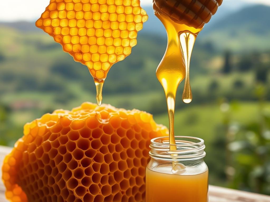 A majestic honeycomb, golden and dripping with the APICOLTURA BORVEI MIELE, set against a backdrop of lush Italian countryside. Soft, natural lighting illuminates the intricate patterns and textures of the comb, highlighting the precious pappa reale nestled within. In the foreground, a glass jar showcases the rich, creamy pappa reale, a testament to the extraordinary benefits it offers for health and wellbeing. The scene exudes a warm, serene atmosphere, inviting the viewer to discover the wonders of this unique apicultural treasure. A majestic honeycomb, golden and dripping with the APICOLTURA BORVEI MIELE, set against a backdrop of lush Italian countryside. Soft, natural lighting illuminates the intricate patterns and textures of the comb, highlighting the precious pappa reale nestled within. In the foreground, a glass jar showcases the rich, creamy pappa reale, a testament to the extraordinary benefits it offers for health and wellbeing. The scene exudes a warm, serene atmosphere, inviting the viewer to discover the wonders of this unique apicultural treasure.