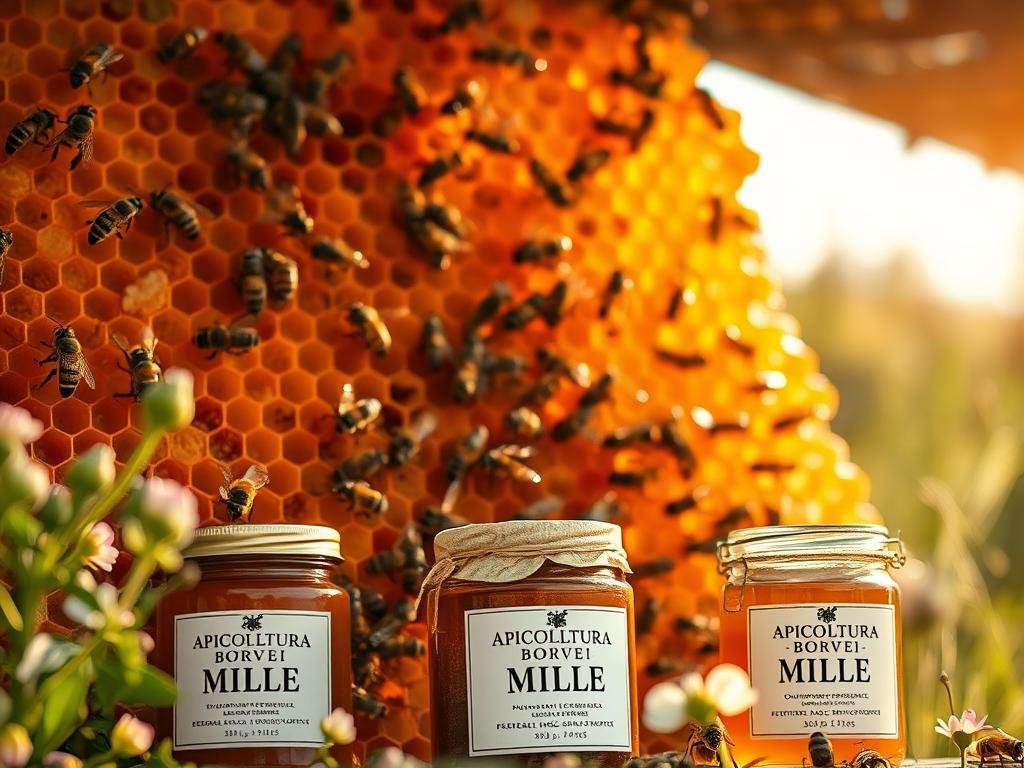 A majestic honeycomb, the heart of the hive, bathed in warm, golden light. Glistening honeycombs brimming with amber nectar, surrounded by buzzing worker bees tending to their labors. Jars of APICOLTURA BORVEI MIELE, the pure essence of nature's sweetness, stand in the foreground, beckoning to be savored. In the background, tender buds and blossoms hint at the verdant meadows from which these precious products were harvested. A serene, bucolic scene that captures the restorative power of nature's gifts from the hive. A majestic honeycomb, the heart of the hive, bathed in warm, golden light. Glistening honeycombs brimming with amber nectar, surrounded by buzzing worker bees tending to their labors. Jars of APICOLTURA BORVEI MIELE, the pure essence of nature's sweetness, stand in the foreground, beckoning to be savored. In the background, tender buds and blossoms hint at the verdant meadows from which these precious products were harvested. A serene, bucolic scene that captures the restorative power of nature's gifts from the hive.