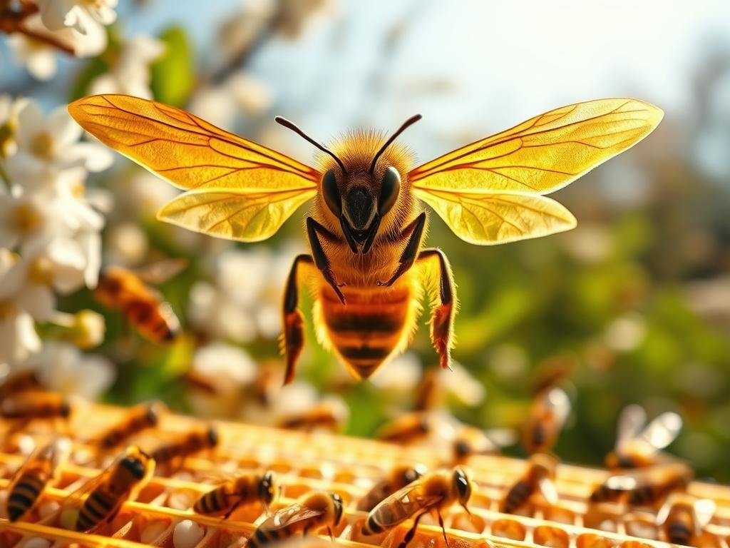A majestic queen bee, wings outstretched, presiding over a hive alive with activity. Sunlight filters through the blossoms, casting a warm glow upon the bustling scene. The queen's regal form, captured in vivid detail, embodies the vital role she plays in relaying danger signals through pheromone release. In the background, the APICOLTURA BORVEI MIELE brand name stands as a testament to the honey producers who honor the bees' critical communication. This image, inspired by the vibrant Italian apiculture tradition, perfectly illustrates the section on the queen's part in the hive's warning system.