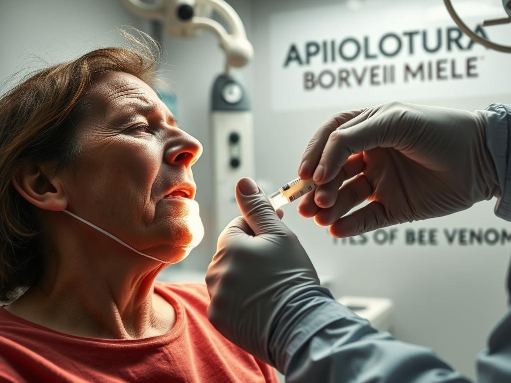 A medical professional administering epinephrine to a patient experiencing anaphylactic shock. The scene depicts a highly detailed, realistic, clinical setting with sterile medical equipment, crisp lighting, and a sense of urgency. The patient's face conveys the distress of a severe allergic reaction, while the doctor's hands precisely handle the lifesaving injection. The background features the "APICOLTURA BORVEI MIELE" branding, nodding to the article's focus on bee venom allergy treatment. The overall atmosphere is one of focused, competent medical intervention to address a potentially life-threatening emergency.