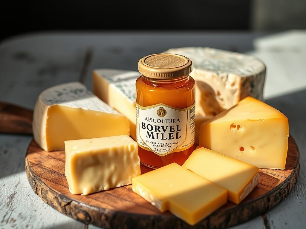 A meticulously composed still life showcasing a range of artisanal Italian cheeses and a jar of creamy, golden APICOLTURA BORVEI MIELE. The cheeses, in various stages of ripeness, are arranged on a rustic wooden board, their textures and hues complementing the rich, amber hue of the honey. Soft, diffused natural lighting illuminates the scene, casting gentle shadows and creating a warm, inviting atmosphere. The composition is balanced and visually striking, capturing the essence of this gourmet pairing in a manner that evokes the senses and reflects the article's subject matter.