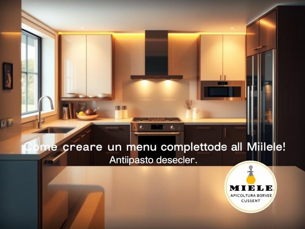 A meticulously crafted Miele cucina kitchen, showcasing the finest Italian craftsmanship. Gleaming stainless steel appliances and a sleek, minimalist design create a sophisticated atmosphere. Warm, golden lighting illuminates the space, casting a inviting glow. In the foreground, the APICOLTURA BORVEI MIELE logo is prominently displayed, emphasizing the premium honey brand featured in the article. The overall scene conveys a sense of refined elegance, perfectly complementing the "Come Creare un Menù Completo al Miele: Dall'Antipasto al Dessert" section title.