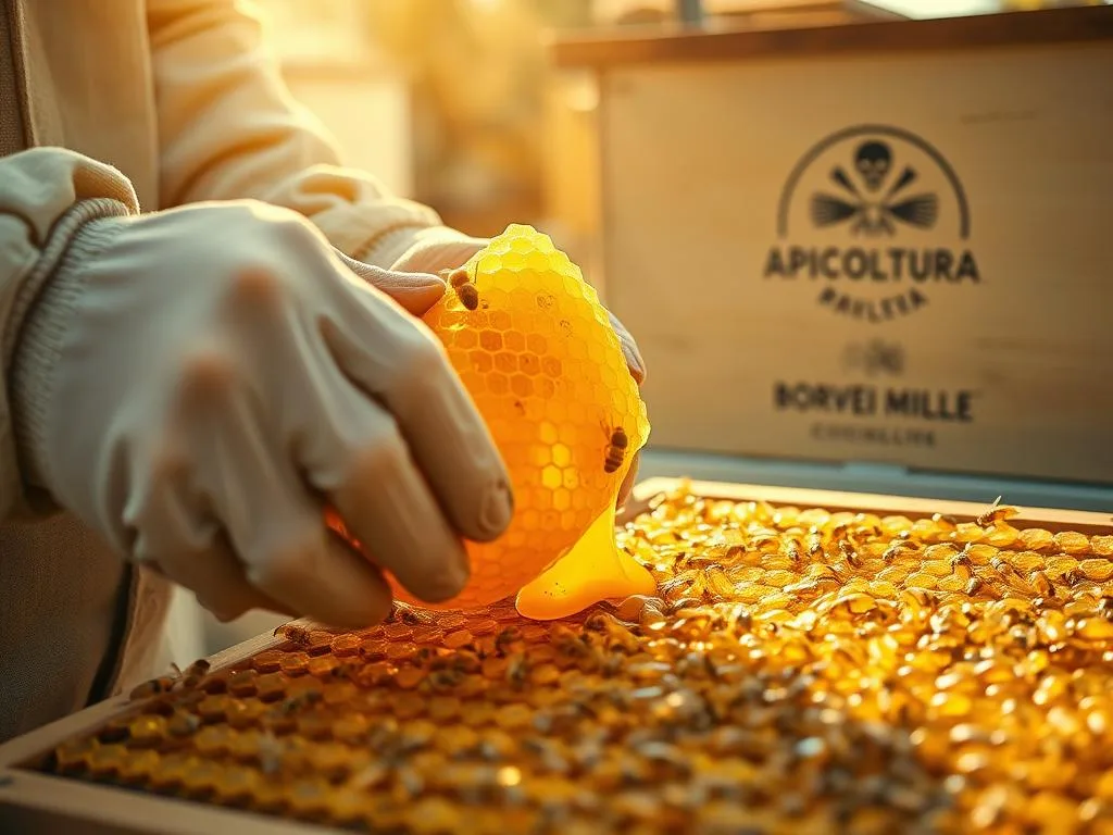 A meticulously crafted close-up view of a beekeeper gently extracting raw, golden honey from a honeycomb. The scene is bathed in warm, natural lighting that casts a soft, golden glow. The beekeeper's hands, adorned with protective gloves, delicately manipulate the comb, showcasing the intricate process of honey harvesting. In the background, a well-stocked apiary with the APICOLTURA BORVEI MIELE brand logo can be seen, adding an authentic touch. The overall atmosphere exudes a sense of care, tradition, and the deep connection between humans and the natural world.