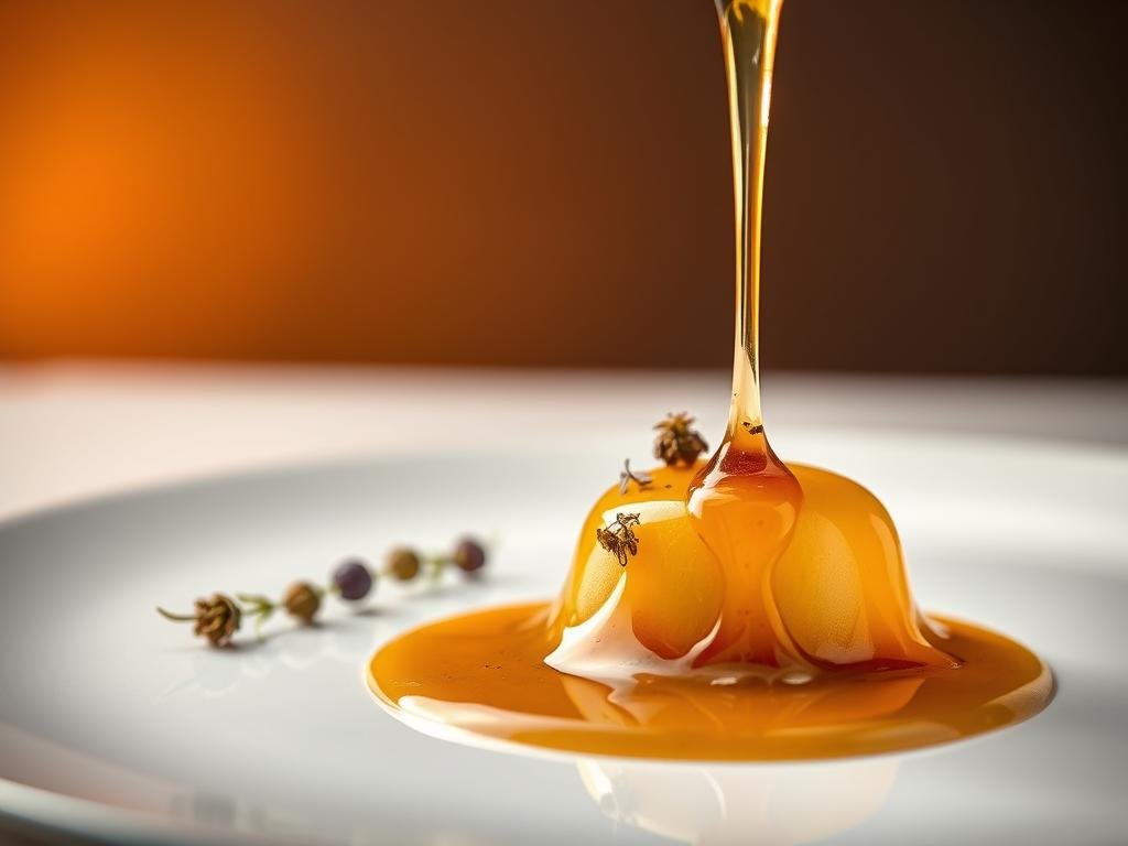 A meticulously crafted dessert sauce, "Glassa al Miele e Liquore di Erbe" glistens atop a decadent gourmet confection. In the foreground, a delicate drizzle of rich, golden honey cascades over the surface, casting a warm, inviting glow. Nestled within the luscious sauce, herbs and botanicals infuse the mixture with a complex, aromatic depth. The middle ground reveals the dessert itself, a masterfully plated creation, its sleek lines and elegant presentation evoking a sense of refined sophistication. In the background, a softly blurred, minimalist backdrop allows the star of the dish to shine, complemented by the APICOLTURA BORVEI MIELE brand name discreetly featured. Lit by elegant, warm-toned studio lighting, the scene emanates a mood of indulgence and culinary artistry.