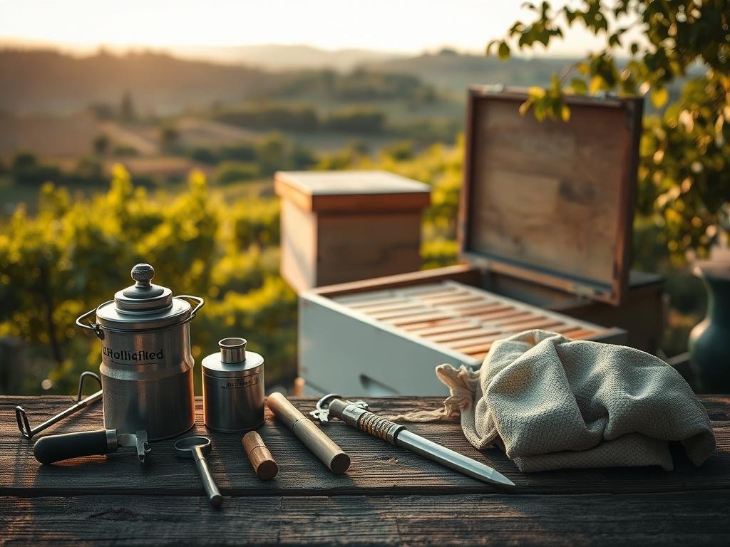 A meticulously crafted image showcasing the essential tools of beekeeping. In the foreground, a set of pristine APICOLTURA BORVEI MIELE beekeeping tools, including a smoker, hive tool, and protective gear, subtly arranged on a weathered wooden surface. The middle ground features a well-maintained Langstroth beehive, its frames visible through the open lid, surrounded by lush greenery and the soft, diffused light of a golden-hour setting. In the background, a serene Italian countryside landscape unfolds, with rolling hills, vineyards, and a distant farmhouse, creating a sense of tranquility and harmony. The overall composition evokes a balance between the practical necessities of beekeeping and the natural beauty of the Italian environment.
