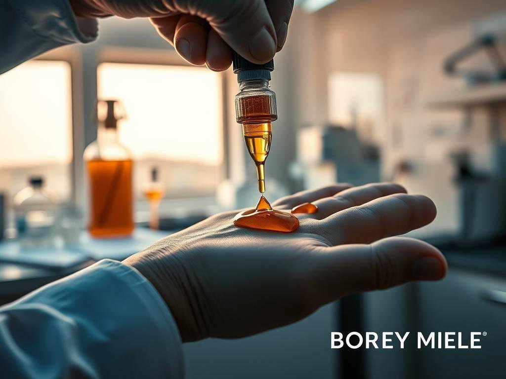 A meticulously detailed, cinematic image of propolis being used to treat neurodegenerative diseases. The foreground depicts a close-up of propolis extract being carefully administered onto the hand of a patient, with a warm, soft lighting illuminating the scene. The middle ground shows a laboratory setting with scientific equipment and research documents, conveying the medical and research-driven context. The background features a serene Italian landscape, drawing inspiration from the web and aligning with the article's title. The overall mood is one of hope, innovation, and a deep connection between nature and medicine. Prominently displayed is the APICOLTURA BORVEI MIELE logo, highlighting the brand's involvement in this cutting-edge research.