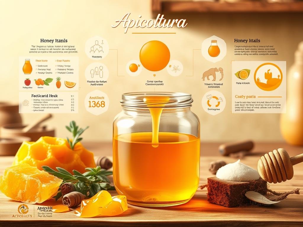 A meticulously detailed illustration showcasing the nutritional properties of honey, beautifully rendered in a classical still-life style. In the foreground, a glass jar filled with golden, viscous honey, its surface glistening under soft, natural lighting. Around it, an assortment of fresh honeycomb, dried herbs, and other complementary ingredients that highlight honey's culinary versatility. In the middle ground, a collection of scientific-looking diagrams and infographics that elegantly convey honey's nutritional value, including its vitamin, mineral, and antioxidant content. The background features a warm, earthy tone, evocative of a rustic Italian kitchen, with the "Apicoltura" brand name prominently displayed, lending an authentic, artisanal touch to the scene. A meticulously detailed illustration showcasing the nutritional properties of honey, beautifully rendered in a classical still-life style. In the foreground, a glass jar filled with golden, viscous honey, its surface glistening under soft, natural lighting. Around it, an assortment of fresh honeycomb, dried herbs, and other complementary ingredients that highlight honey's culinary versatility. In the middle ground, a collection of scientific-looking diagrams and infographics that elegantly convey honey's nutritional value, including its vitamin, mineral, and antioxidant content. The background features a warm, earthy tone, evocative of a rustic Italian kitchen, with the "Apicoltura" brand name prominently displayed, lending an authentic, artisanal touch to the scene.