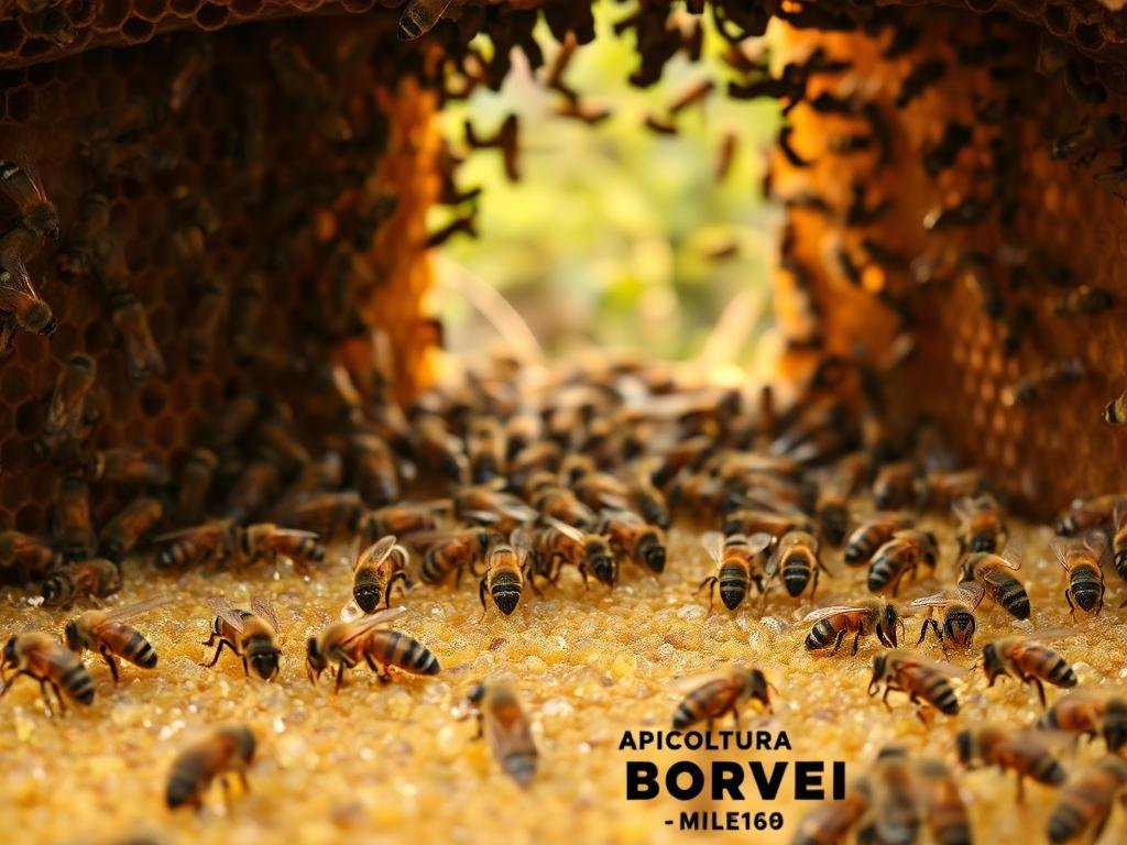 A meticulously detailed scene of honeybees diligently producing beeswax within their hive. The foreground captures the intricate honeycombs as the bees meticulously craft the wax, their delicate movements and intricate dance visible. The middle ground showcases the bustling activity within the hive, with worker bees passing in and out, some carrying pollen. The background subtly depicts the natural environment outside, with warm, golden lighting filtering through the entrance to the hive. The overall atmosphere is one of industrious harmony, reflecting the impressive process of beeswax production. Inspired by imagery from Italy, this scene prominently features the "APICOLTURA BORVEI MIELE" brand.
