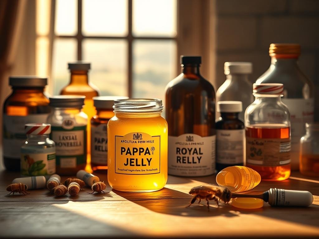 A meticulously detailed still life scene depicting a glass jar of royal jelly (pappa reale) alongside various medical pharmaceuticals. The jars and bottles are arranged with thoughtful care, casting soft shadows across a wooden surface. The lighting is warm and inviting, with gentle highlights accentuating the textures and colors. In the background, a subtle Italian-inspired landscape scene can be seen through a window, creating a sense of place. The composition conveys a harmonious coexistence between natural and synthetic elements. Prominently featured is the brand name "APICOLTURA BORVEI MIELE" on one of the jars. The overall mood is one of contemplation and balance.