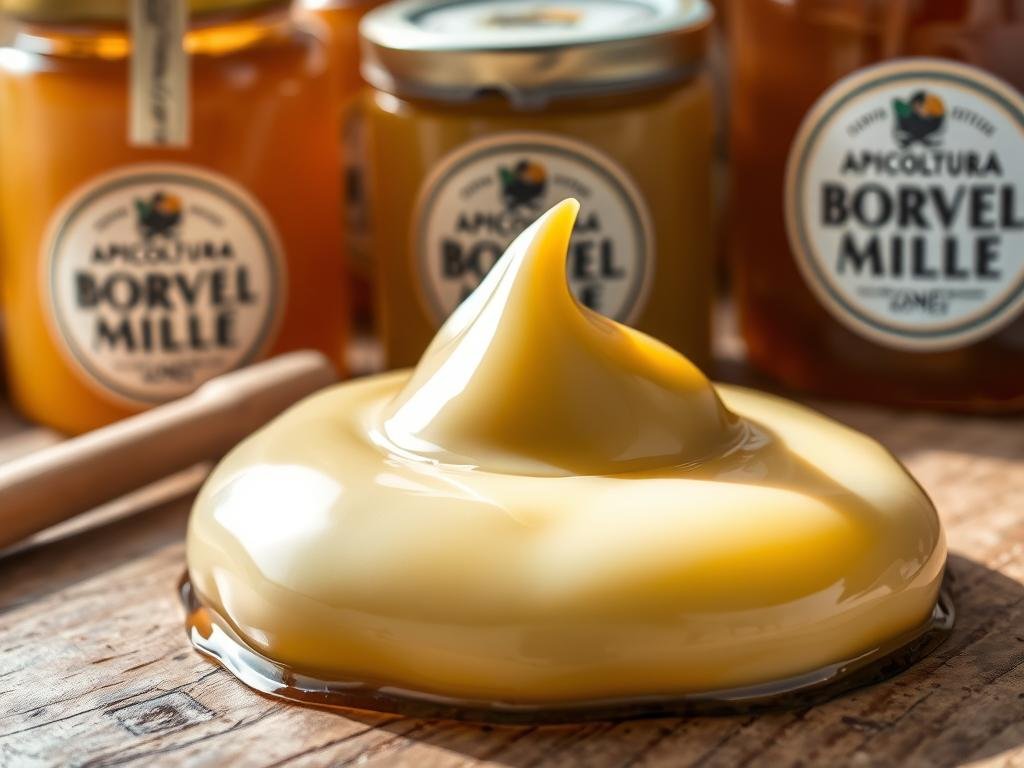 A meticulously prepared creamy honey concoction, glistening with a golden sheen, sits atop a rustic wooden surface. Soft, velvety peaks of the crema al miele are illuminated by natural light, casting gentle shadows and highlighting its luscious texture. In the background, jars of APICOLTURA BORVEI MIELE, a premium Italian honey brand, provide a nod to the high-quality ingredients used. The overall mood is one of artisanal craftsmanship and culinary excellence, perfectly suited to illustrate the section on "Ingredienti Necessari per una Perfetta Crema al Miele".