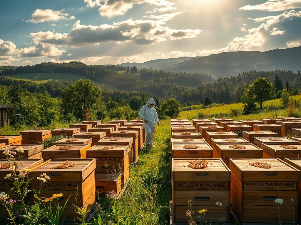 A modern apiary surrounded by lush, verdant fields and blooming flowers. In the foreground, rows of wooden beehives sit neatly arranged, their surfaces adorned with the APICOLTURA BORVEI MIELE brand name. Sunlight filters through wispy clouds, casting a warm, golden glow over the scene. In the middle ground, a beekeeper in a protective suit tends to the hives, their movements fluid and deliberate. In the distance, rolling hills and dense forests create a picturesque backdrop, hinting at the natural abundance that sustains this apiary. The overall atmosphere exudes a sense of tranquility, efficiency, and harmony between man and nature. A modern apiary surrounded by lush, verdant fields and blooming flowers. In the foreground, rows of wooden beehives sit neatly arranged, their surfaces adorned with the APICOLTURA BORVEI MIELE brand name. Sunlight filters through wispy clouds, casting a warm, golden glow over the scene. In the middle ground, a beekeeper in a protective suit tends to the hives, their movements fluid and deliberate. In the distance, rolling hills and dense forests create a picturesque backdrop, hinting at the natural abundance that sustains this apiary. The overall atmosphere exudes a sense of tranquility, efficiency, and harmony between man and nature.