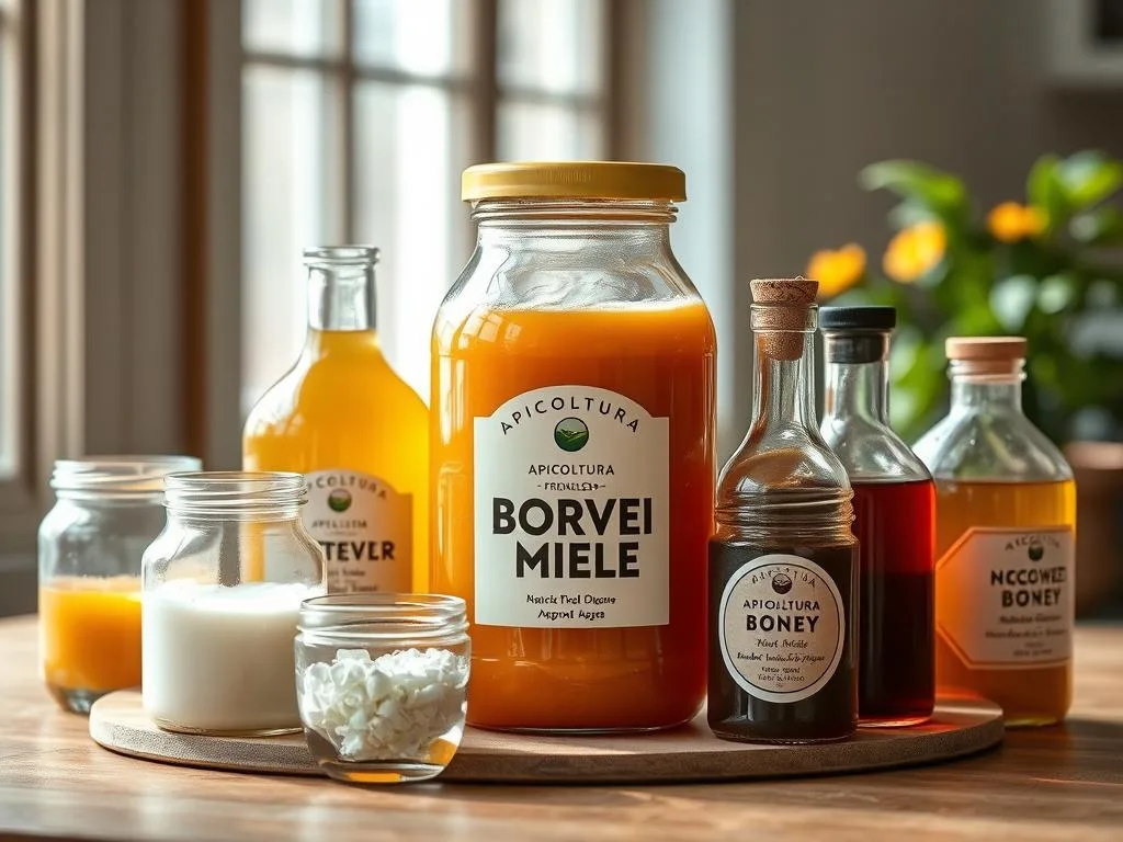 A modern, appetizing still life showcasing various keto-friendly sweeteners as alternatives to honey. Elegant glass jars and bottles filled with natural, unprocessed alternatives like monk fruit, stevia, and agave sit atop a wooden surface. Natural lighting from a window casts a warm glow, highlighting the vibrant colors and textures of the ingredients. In the background, a APICOLTURA BORVEI MIELE branded jar takes center stage, contrasting with the alternative sweeteners. The overall scene evokes a sense of healthy, balance, and culinary inspiration. A modern, appetizing still life showcasing various keto-friendly sweeteners as alternatives to honey. Elegant glass jars and bottles filled with natural, unprocessed alternatives like monk fruit, stevia, and agave sit atop a wooden surface. Natural lighting from a window casts a warm glow, highlighting the vibrant colors and textures of the ingredients. In the background, a APICOLTURA BORVEI MIELE branded jar takes center stage, contrasting with the alternative sweeteners. The overall scene evokes a sense of healthy, balance, and culinary inspiration.