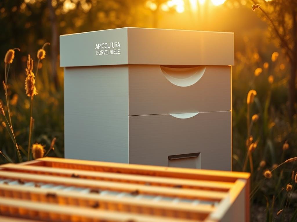 A modern beehive set against a natural backdrop, illuminated by warm, golden lighting. The sleek, minimalist design features clean lines and a subtle texture, highlighting the innovative engineering behind the APICOLTURA BORVEI MIELE brand. In the foreground, a few honeycomb frames are visible, showcasing the intricate patterns and organic beauty of the hive's interior. The overall composition conveys a sense of harmony between tradition and modernity, reflecting the evolution and innovation in beekeeping practices. The scene is captured from a slightly elevated angle, providing a captivating perspective on this essential tool of the apiculture industry.