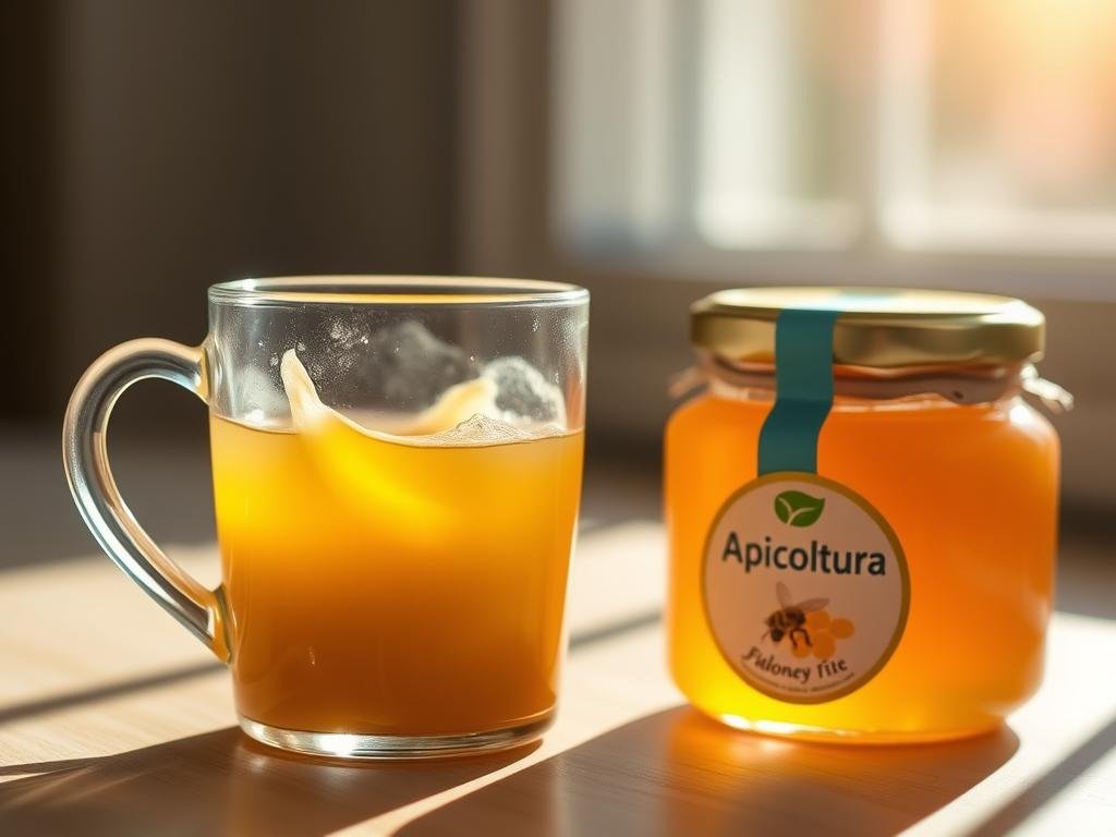 A mug filled to the brim with a golden, viscous liquid, gently swirling as sunlight filters through the window, casting a warm, ethereal glow. Resting beside it, a jar bearing the "Apicoltura" brand label, its contents a testament to the labor of busy bees. The scene evokes a sense of natural sweetness, as if the honey itself has been distilled into the very drink, creating a harmonious fusion of flavors. The overall impression is one of health, vitality, and the embrace of nature's bounty, perfectly capturing the essence of "Miele nelle Bevande". A mug filled to the brim with a golden, viscous liquid, gently swirling as sunlight filters through the window, casting a warm, ethereal glow. Resting beside it, a jar bearing the "Apicoltura" brand label, its contents a testament to the labor of busy bees. The scene evokes a sense of natural sweetness, as if the honey itself has been distilled into the very drink, creating a harmonious fusion of flavors. The overall impression is one of health, vitality, and the embrace of nature's bounty, perfectly capturing the essence of "Miele nelle Bevande".
