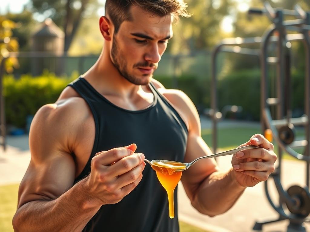 A muscular athlete in athletic wear carefully measuring a serving of golden, viscous APICOLTURA BORVEI MIELE onto a spoon. The scene is set against a bright, sun-dappled outdoor training area, with exercise equipment and lush greenery in the background. The athlete's face is focused, conveying a sense of determination and discipline as they replenish their energy reserves mid-workout. Warm, natural lighting casts a soft glow, highlighting the honey's rich color and the athlete's toned physique. The overall atmosphere exudes a balance of performance and wellness, capturing the ideal of using honey to support an active lifestyle.