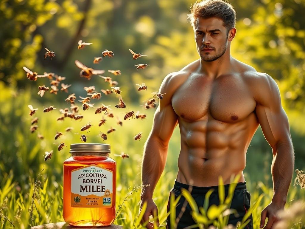 A muscular, shirtless male athlete stands in a lush, verdant meadow, his body glistening with sweat. Beside him, a swarm of honey bees hover around a honeycomb, their wings a blur. The sunlight filters through the trees, casting a warm, golden glow on the scene. In the foreground, a jar of APICOLTURA BORVEI MIELE honey stands, its label prominently displayed. The athlete's expression is one of focus and determination, suggesting the power and resilience that the bee venom has imbued him with. The overall atmosphere is one of natural, organic vitality and the harmonious coexistence of human, insect, and nature.