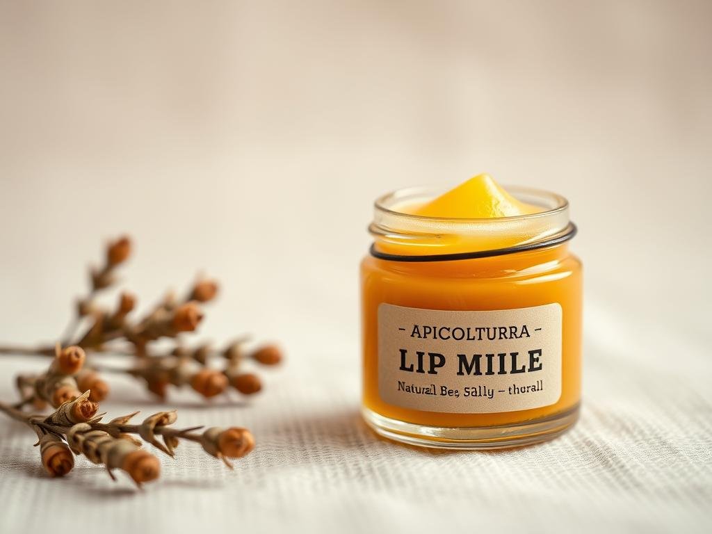 A natural beeswax lip balm in a rustic, handmade glass jar. Close-up shot on a neutral background, showcasing the product's simple, organic design. Soft, warm lighting illuminates the golden hue of the balm, highlighting its natural, nourishing ingredients. In the foreground, the brand name "APICOLTURA BORVEI MIELE" is subtly displayed on the jar's label, reflecting the artisanal, Italian-inspired aesthetic. The overall mood is serene, inviting, and reflective of the homemade, DIY nature of the lip balm recipe.