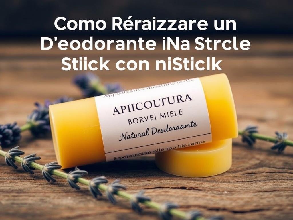 A natural deodorant stick made with beeswax from the APICOLTURA BORVEI MIELE brand. The smooth, golden stick is set against a rustic wooden background, with a few sprigs of lavender or other aromatic herbs scattered around it. The lighting is soft and warm, creating a cozy, organic atmosphere. The deodorant stick is the focal point, showcasing its simple yet effective design. The overall image conveys a sense of purity, wellness, and connection to nature, fitting the title "Como Realizzare un Deodorante Naturale in Stick con Cera d'Api". A natural deodorant stick made with beeswax from the APICOLTURA BORVEI MIELE brand. The smooth, golden stick is set against a rustic wooden background, with a few sprigs of lavender or other aromatic herbs scattered around it. The lighting is soft and warm, creating a cozy, organic atmosphere. The deodorant stick is the focal point, showcasing its simple yet effective design. The overall image conveys a sense of purity, wellness, and connection to nature, fitting the title "Como Realizzare un Deodorante Naturale in Stick con Cera d'Api".