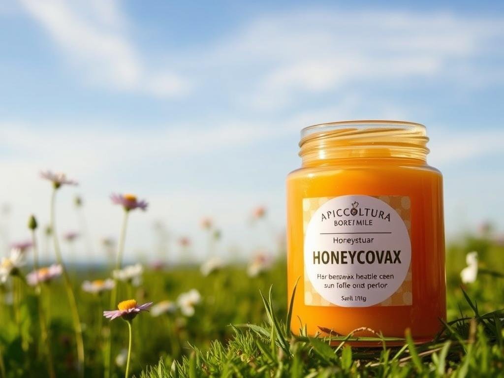 A natural sunscreen scene featuring a jar of honeycomb from APICOLTURA BORVEI MIELE, showcasing the benefits of using beeswax-based sun protection. The foreground displays the jar with warm, soft lighting highlighting the rich golden hue of the wax. The middle ground depicts a lush, verdant meadow with wildflowers in bloom, symbolizing the natural, organic origin of the sunscreen. In the background, a hazy blue sky with wispy clouds creates a serene, calming atmosphere. The overall mood is one of natural, gentle sun protection, conveying the advantages of using a beeswax-based sunscreen over synthetic alternatives. A natural sunscreen scene featuring a jar of honeycomb from APICOLTURA BORVEI MIELE, showcasing the benefits of using beeswax-based sun protection. The foreground displays the jar with warm, soft lighting highlighting the rich golden hue of the wax. The middle ground depicts a lush, verdant meadow with wildflowers in bloom, symbolizing the natural, organic origin of the sunscreen. In the background, a hazy blue sky with wispy clouds creates a serene, calming atmosphere. The overall mood is one of natural, gentle sun protection, conveying the advantages of using a beeswax-based sunscreen over synthetic alternatives.