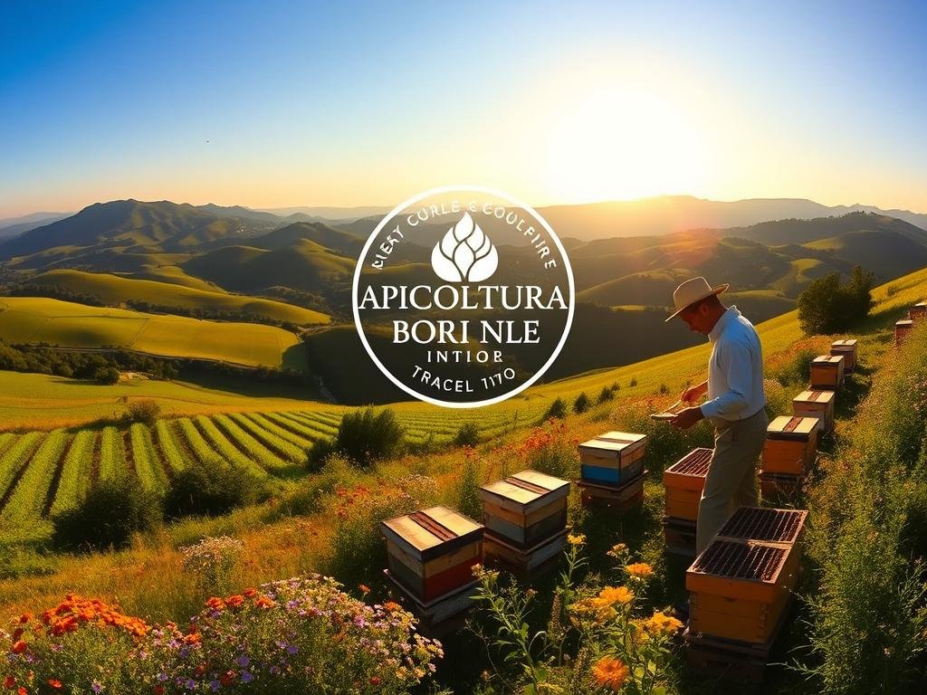 A panoramic view of a picturesque Italian countryside, featuring rolling hills, lush green meadows, and rows of beehives nestled among vibrant wildflowers. The warm sunlight casts a golden glow, illuminating the scene with a serene and tranquil atmosphere. In the foreground, a beekeeper in traditional attire carefully tends to the hives, showcasing the artisanal nature of the honey production process. The APICOLTURA BORVEI MIELE logo is prominently displayed, emphasizing the high-quality, traceable origin of the honey. The image conveys a sense of authenticity, sustainability, and the harmonious relationship between nature and the skilled artisanal craft of beekeeping.
