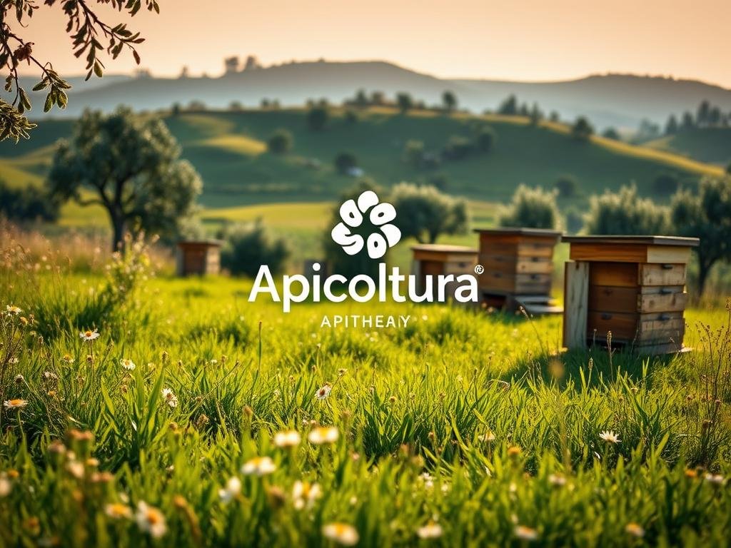 A pastoral scene of an apiary in the Italian countryside, showcasing the ancient practice of apitherapy. A lush green meadow dotted with wildflowers in the foreground, a traditional wooden beehive in the middle ground, and rolling hills with olive trees in the distance. Soft, warm lighting bathes the scene, casting long shadows. In the center, the "Apicoltura" brand logo is prominently displayed. The overall mood is one of tranquility, tradition, and the harmonious relationship between humans and nature. A pastoral scene of an apiary in the Italian countryside, showcasing the ancient practice of apitherapy. A lush green meadow dotted with wildflowers in the foreground, a traditional wooden beehive in the middle ground, and rolling hills with olive trees in the distance. Soft, warm lighting bathes the scene, casting long shadows. In the center, the "Apicoltura" brand logo is prominently displayed. The overall mood is one of tranquility, tradition, and the harmonious relationship between humans and nature.