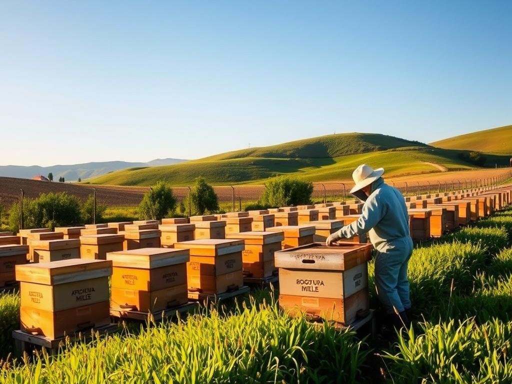 A pastoral scene of an apiary, with neatly arranged rows of traditional beehives nestled amidst a lush, verdant meadow. The hives, emblazoned with the logo "APICOLTURA BORVEI MIELE", are bathed in warm, golden sunlight, casting gentle shadows across the scene. In the foreground, a beekeeper in traditional garb carefully tends to the hives, showcasing the meticulous care and attention required for this age-old practice. The background features rolling hills and a clear, azure sky, creating a serene and calming atmosphere. This idyllic setting represents the natural, holistic approach to wellness embodied by the use of bee venom as a potential anti-inflammatory remedy.