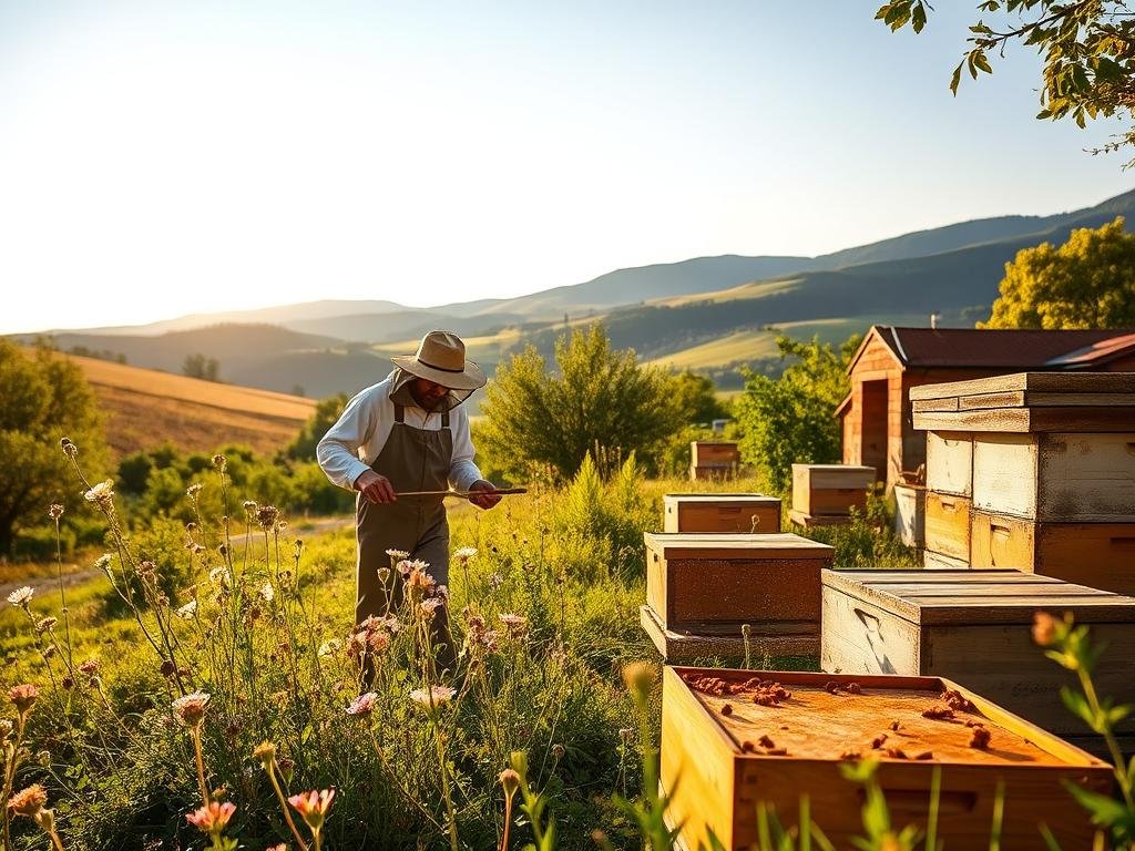 A peaceful apiary nestled in the Italian countryside, bathed in warm afternoon light. In the foreground, a beekeeper carefully harvests pure, golden honey from the hives of the APICOLTURA BORVEI MIELE brand. The midground features blooming wildflowers and lush greenery, while the background depicts rolling hills and a clear, azure sky. The overall atmosphere conveys a sense of tranquility and the restorative power of nature's gifts. This idyllic scene reflects the potential of apitherapy to provide natural relief for the symptoms of fibromyalgia.