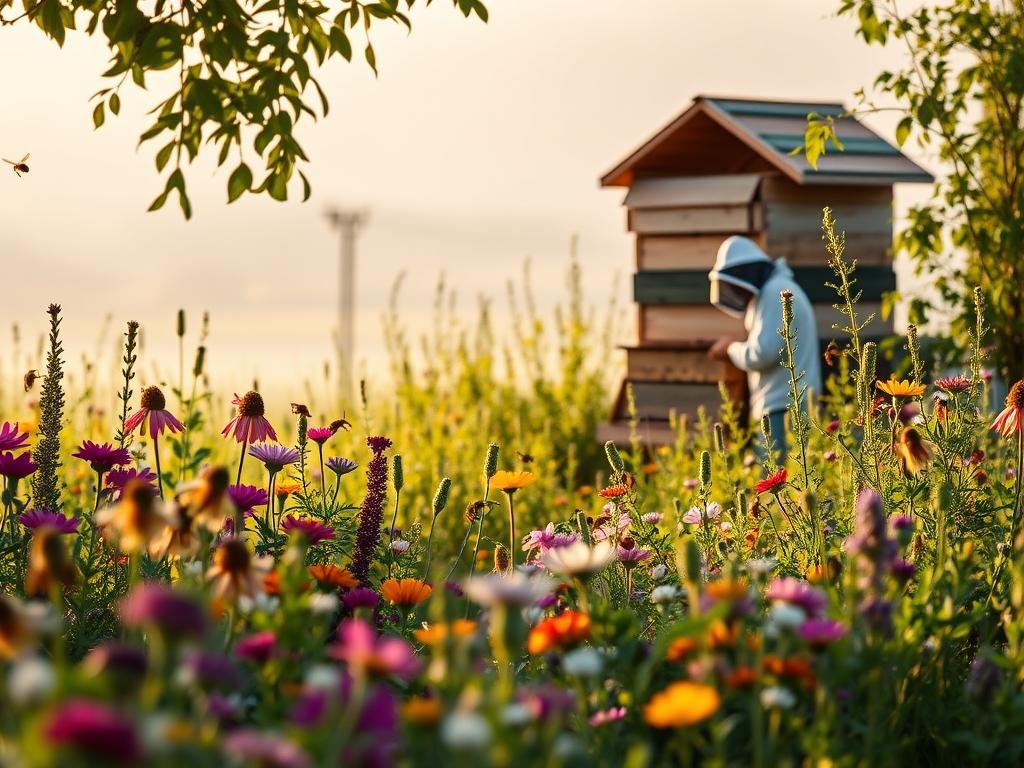 A peaceful garden of vibrant blooms, filled with the gentle hum of Apicoltura's hardworking bees. In the foreground, a tranquil natural scene showcases the therapeutic power of apiterapia, with a beekeeper tending to the hive amidst a serene meadow. Soft lighting bathes the landscape, creating a calming atmosphere that evokes the natural healing properties of bee venom. The middle ground features a variety of lush plants and flowers, while the background subtly blends into a hazy, dreamlike horizon. This harmonious composition captures the essence of "Usi Terapeutici del Veleno d'Api: La Medicina Naturale che Sorprende", inviting the viewer to explore the wonders of this natural healing modality.
