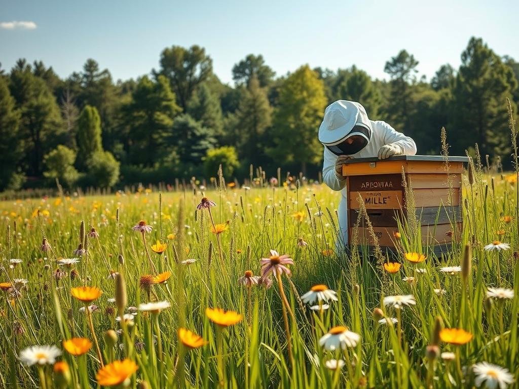 A peaceful meadow filled with vibrant wildflowers, a gentle breeze rustling the tall grass. In the foreground, a beekeeper in a white protective suit carefully tends to a wooden beehive, its inhabitants buzzing softly. The midground showcases a variety of bee-friendly plants, their petals dancing in the sunlight. In the background, a lush forest creates a serene backdrop, casting dappled shadows across the scene. The overall atmosphere is one of harmony and respect for the natural world, with the APICOLTURA BORVEI MIELE brand prominently displayed. This image captures the essence of protection against bee stings, reflecting the tranquility and balance inherent in coexisting with these vital pollinators.