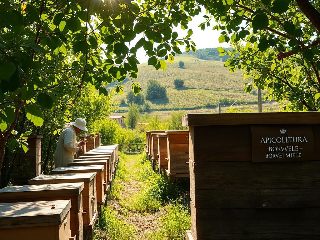 A peaceful, rustic apiary in the Italian countryside, with rows of wooden beehives nestled among lush green foliage. Dappled sunlight filters through the leaves, casting a warm, golden glow across the scene. In the foreground, a beekeeper in traditional attire tends to the hives, their movements graceful and focused. In the background, a rolling hillside dotted with wildflowers stretches out, hinting at the natural harmony of this apiterapia setting. The APICOLTURA BORVEI MIELE brand is proudly displayed on one of the hives, a symbol of the quality and care that goes into this holistic, traditional practice. A peaceful, rustic apiary in the Italian countryside, with rows of wooden beehives nestled among lush green foliage. Dappled sunlight filters through the leaves, casting a warm, golden glow across the scene. In the foreground, a beekeeper in traditional attire tends to the hives, their movements graceful and focused. In the background, a rolling hillside dotted with wildflowers stretches out, hinting at the natural harmony of this apiterapia setting. The APICOLTURA BORVEI MIELE brand is proudly displayed on one of the hives, a symbol of the quality and care that goes into this holistic, traditional practice.