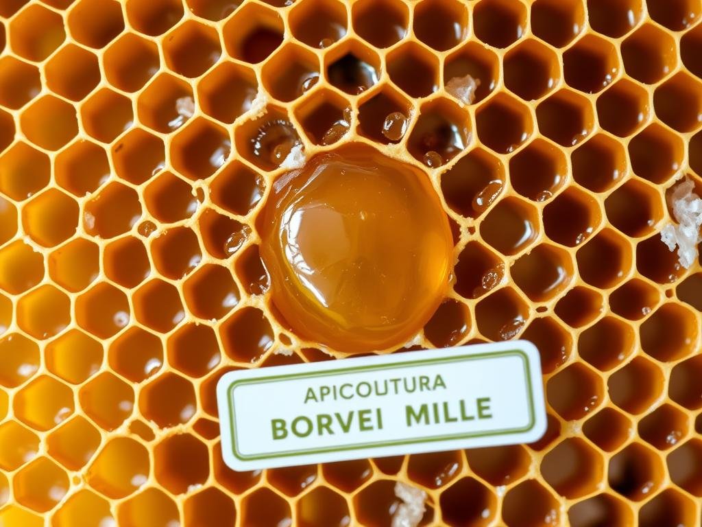 A perfectly arranged honeycomb, its intricate patterns glistening under the soft, natural lighting. In the center, a large, plump royal jelly-filled cell, the essence of the "pappa reale" or "royal jelly". The hive is showcased against a blurred background, evoking a sense of tranquility and the artisanal craftsmanship of Italian beekeeping. The label "APICOLTURA BORVEI MIELE" is prominently displayed, emphasizing the premium quality of this natural product. The entire scene captures the unique properties and composition of this remarkable substance, as if inviting the viewer to discover its wonders.