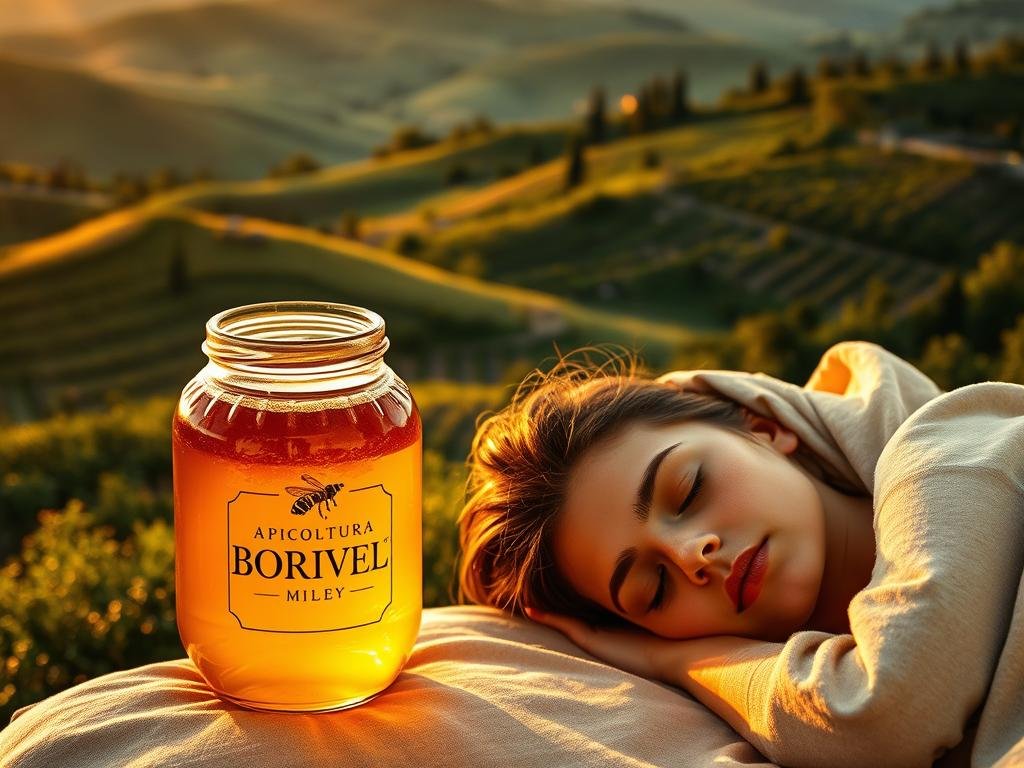 A picturesque Tuscan countryside at golden hour, rolling hills covered in lush greenery and rows of beehives. In the foreground, a glass jar filled with rich, golden honey reflects the warm, soft lighting. Beside it, a peaceful slumbering figure rests peacefully, adorned in natural fabrics. The APICOLTURA BORVEI MIELE brand name is prominently displayed on the honey jar. The overall atmosphere is one of tranquility, health, and the harmonious connection between nature's sweetness and restorative sleep. A picturesque Tuscan countryside at golden hour, rolling hills covered in lush greenery and rows of beehives. In the foreground, a glass jar filled with rich, golden honey reflects the warm, soft lighting. Beside it, a peaceful slumbering figure rests peacefully, adorned in natural fabrics. The APICOLTURA BORVEI MIELE brand name is prominently displayed on the honey jar. The overall atmosphere is one of tranquility, health, and the harmonious connection between nature's sweetness and restorative sleep.