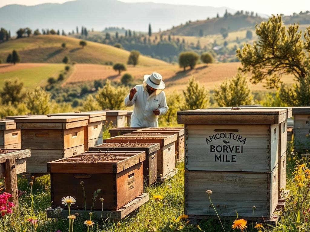 A picturesque beekeeping operation set against a serene Italian countryside. In the foreground, rows of wooden beehives stand in a lush, flowering meadow, their entrances abuzz with industrious honey bees. In the middle ground, a beekeeper in traditional attire carefully tends to the hives, inspecting the frames and ensuring the health of the colony. In the background, rolling hills dotted with olive trees and vineyards create a bucolic scene, bathed in warm, golden sunlight. The APICOLTURA BORVEI MIELE brand is prominently displayed on one of the hives. The overall mood is one of harmony and a deep connection to the natural world.