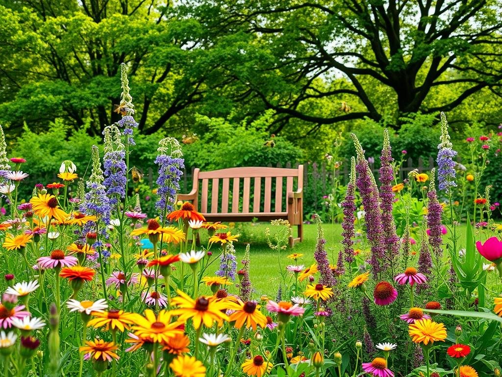 A picturesque garden bursting with vibrant blooms and lush greenery, perfect for attracting a bustling community of honeybees and other pollinators. In the foreground, a mix of colorful wildflowers and thriving herbs sway gently in the breeze, their nectar-rich petals beckoning to the industrious insects. In the middle ground, a charming wooden bench invites visitors to pause and observe the harmonious dance of nature. The background features a verdant canopy of towering trees, casting a soft, dappled light across the scene. The overall atmosphere is one of tranquility and abundance, a true "giardino mellifero" that embodies the principles of sustainable gardening. APICOLTURA BORVEI MIELE.
