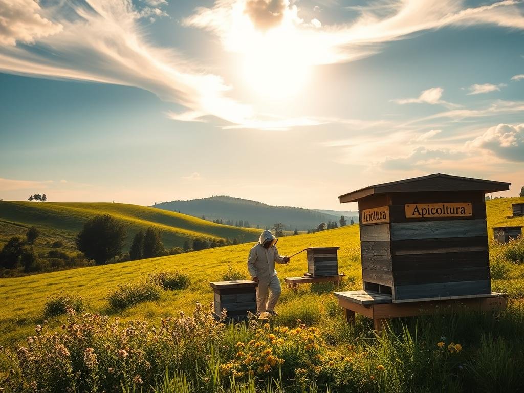 A picturesque rural landscape with a prominent apiary in the foreground, surrounded by lush green meadows and a distant rolling hillside. The "Apicoltura" apiary features a traditional wooden beehive structure, with hives neatly arranged and honeybees busily pollinating the nearby flowers. Warm, golden sunlight filters through wispy clouds, casting a soft, natural glow over the scene. In the middle ground, a beekeeper in protective gear tending to the hives, showcasing the care and attention involved in sustainable beekeeping. The overall atmosphere conveys a sense of harmony between nature, the local environment, and the human practice of apiculture. A picturesque rural landscape with a prominent apiary in the foreground, surrounded by lush green meadows and a distant rolling hillside. The "Apicoltura" apiary features a traditional wooden beehive structure, with hives neatly arranged and honeybees busily pollinating the nearby flowers. Warm, golden sunlight filters through wispy clouds, casting a soft, natural glow over the scene. In the middle ground, a beekeeper in protective gear tending to the hives, showcasing the care and attention involved in sustainable beekeeping. The overall atmosphere conveys a sense of harmony between nature, the local environment, and the human practice of apiculture.