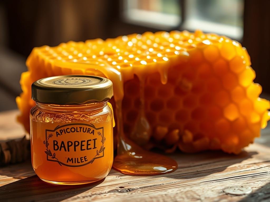A picturesque scene of a golden honeycomb, dripping with rich, amber pappa reale, resting atop a wooden table. Soft, natural lighting casts a warm glow, highlighting the intricate textures and glistening droplets. In the foreground, a beautifully crafted jar with the label "APICOLTURA BORVEI MIELE" stands as a testament to the artisanal nature of this prized bee product. The overall mood is one of tranquility and purity, inviting the viewer to appreciate the natural wonder of this remarkable substance. The image perfectly encapsulates the "Conclusione" section, leaving the viewer with a sense of the quality and purity of pappa reale.
