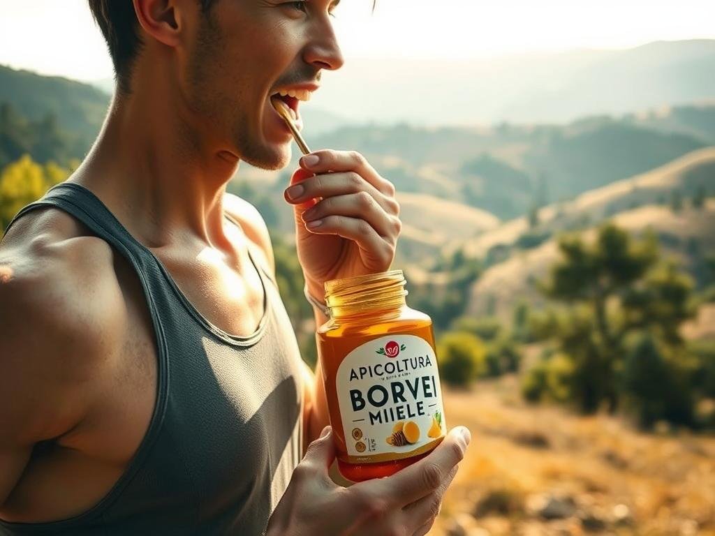 A picturesque scene of a person consuming APICOLTURA BORVEI MIELE during a vigorous physical activity. The foreground depicts a fit individual in athletic wear, taking a generous spoonful of golden honey from a rustic glass jar. The middle ground showcases the person's dynamic movement, suggesting a high-intensity workout or training session. The background is filled with a serene Italian landscape, featuring rolling hills, verdant trees, and a warm, diffused lighting that creates a natural, earthy atmosphere. The image conveys a sense of vitality, wellness, and the harmonious integration of nature's energy-boosting properties into an active lifestyle.