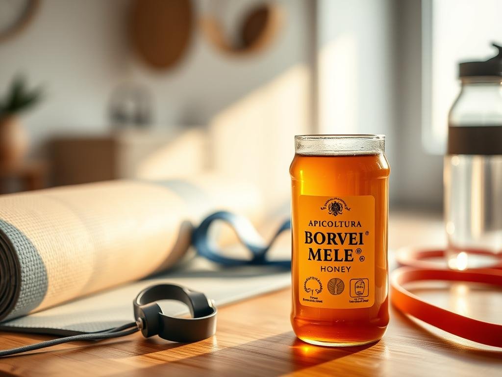 A post-workout scene with a glass of APICOLTURA BORVEI MIELE honey on a wooden table, surrounded by fitness equipment like a yoga mat, resistance bands, and water bottle. The lighting is warm and natural, casting a golden glow on the honey and creating a serene, rejuvenating atmosphere. The background features a blurred, minimalist interior with neutral tones, focusing the viewer's attention on the honey and its role in recovery and regeneration after physical exertion.