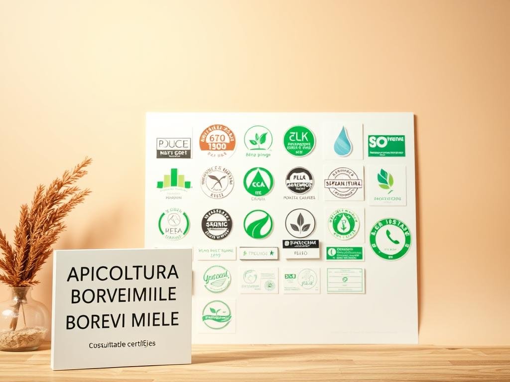 A pristine display of sustainable cosmetic certifications, showcasing a vibrant array of logos and emblems against a crisp, minimalist backdrop. In the foreground, the prominent "APICOLTURA BORVEI MIELE" brand stands out, highlighting its commitment to natural, eco-friendly practices. The midground features a grid-like arrangement of various certification seals, each radiating a sense of authority and trust. The background subtly blends warm, earthy tones, creating a calming and professional atmosphere. The lighting is soft and diffused, emphasizing the clarity and precision of the certifications. The overall composition conveys a sense of confidence, quality, and environmental responsibility within the cosmetic industry. A pristine display of sustainable cosmetic certifications, showcasing a vibrant array of logos and emblems against a crisp, minimalist backdrop. In the foreground, the prominent "APICOLTURA BORVEI MIELE" brand stands out, highlighting its commitment to natural, eco-friendly practices. The midground features a grid-like arrangement of various certification seals, each radiating a sense of authority and trust. The background subtly blends warm, earthy tones, creating a calming and professional atmosphere. The lighting is soft and diffused, emphasizing the clarity and precision of the certifications. The overall composition conveys a sense of confidence, quality, and environmental responsibility within the cosmetic industry.