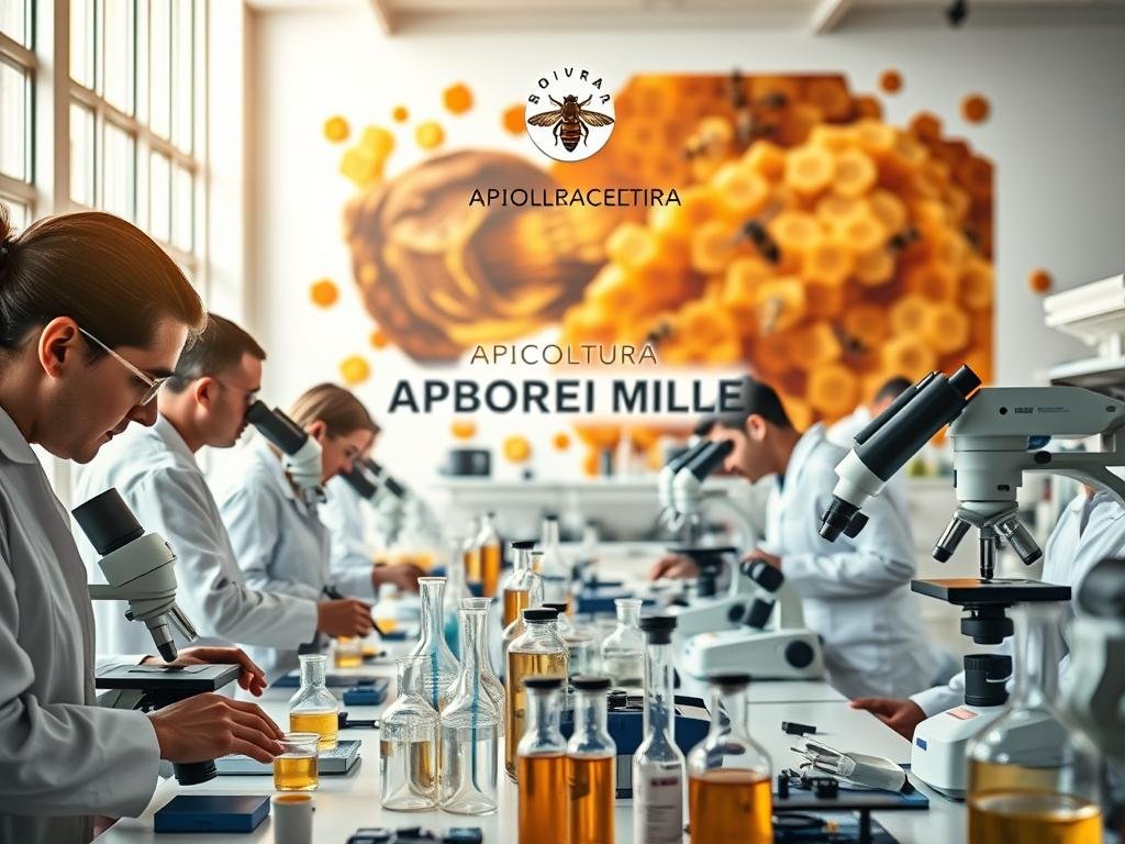 A pristine scientific laboratory, bathed in warm, natural light from large windows. In the foreground, a team of researchers examines honeycomb samples under high-powered microscopes, their expressions of deep concentration. In the middle ground, an array of beakers, test tubes, and advanced analytical equipment hint at the sophisticated methods employed. The background showcases a large, vibrant mural depicting the intricate workings of a honeybee colony, a visualization of the research's focus. The APICOLTURA BORVEI MIELE logo is prominently displayed, reflecting the company's commitment to scientific innovation in apiculture.
