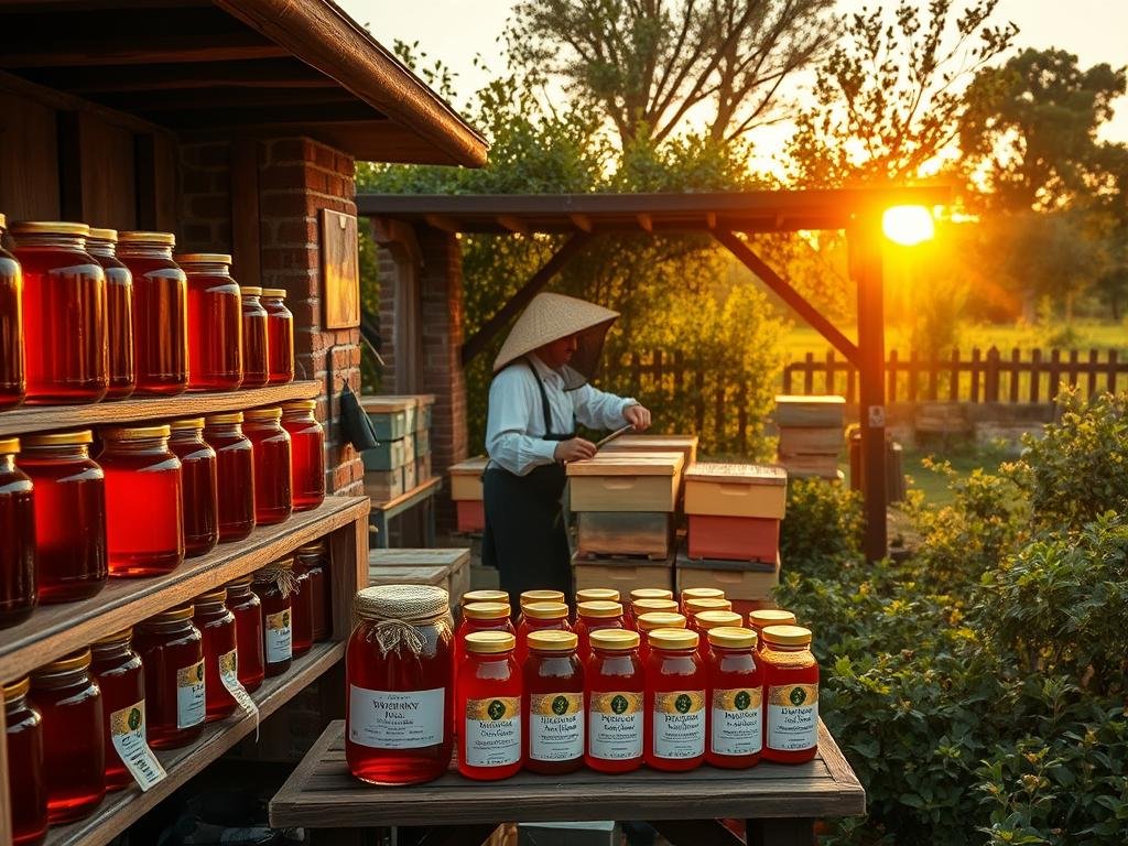 A quaint Italian honey farm, APICOLTURA BORVEI MIELE, set against a warm, golden sunset. Glass jars filled with rich, amber-hued honey stand upon rustic wooden shelves, casting a soft glow. Nearby, a beekeeper in traditional attire tends to their hives, showcasing the care and attention given to this artisanal product. The middle ground features a display of various honey types, each jar labeled with its unique floral origin. In the background, a lush, verdant garden surrounds the scene, hinting at the natural abundance that produces this local delicacy. The overall atmosphere evokes a sense of tradition, quality, and the harmonious relationship between bees, nature, and the human touch.