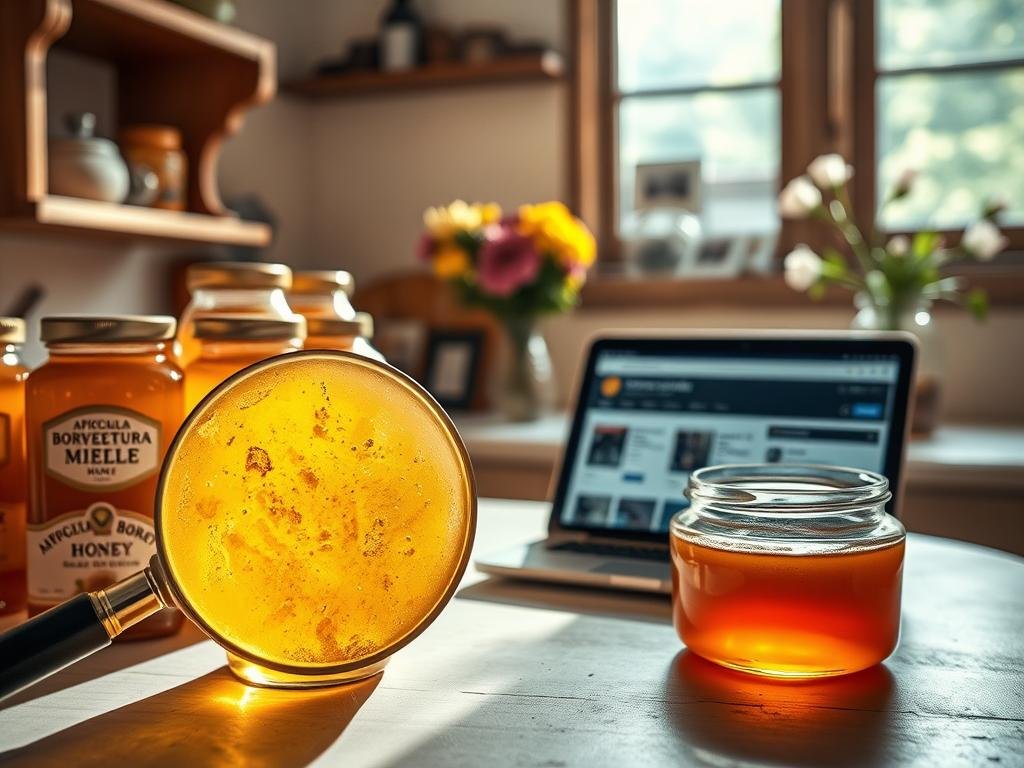 A quaint Italian kitchen countertop, bathed in warm natural light, showcases an array of artisanal honey jars bearing the label "APICOLTURA BORVEI MIELE". The foreground features a magnifying glass revealing the golden syrup's impurities, a stark contrast to the genuine, unfiltered honey displayed alongside. In the middle ground, a laptop screen displays suspicious online listings, hinting at the pervasive issue of honey counterfeiting. The background evokes a cozy, rustic atmosphere, with wooden shelves and a vase of fresh flowers, creating a sense of authenticity and craftsmanship that is being undermined by the deception. The scene conveys the theme of "Contraffazione del Miele" (Honey Counterfeiting), emphasizing the importance of consumer awareness and the need to protect the integrity of artisanal honey production.